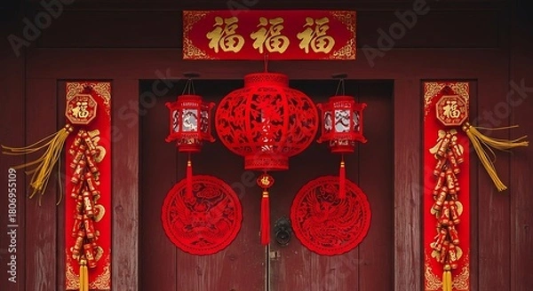 Fototapeta Vibrant red chinese new year decorations adorn a traditional doorway with ornate lanterns and auspicious characters