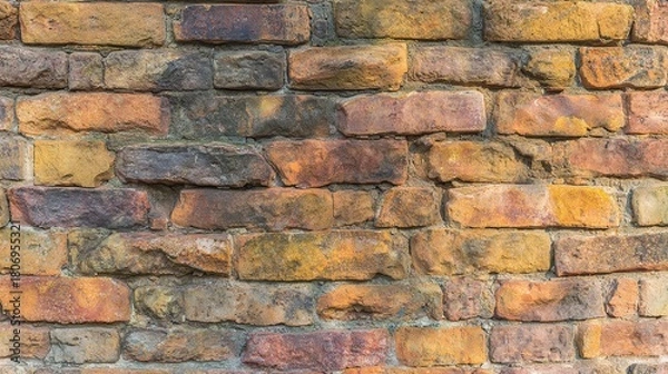 Obraz patina. Close-up of weathered red brick wall, warm tones and natural texture evoking rustic charm and history. real-estate listings.
