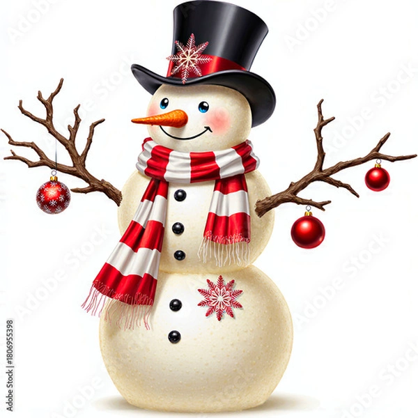Obraz Cheerful snowman wearing a top hat and scarf with ornaments