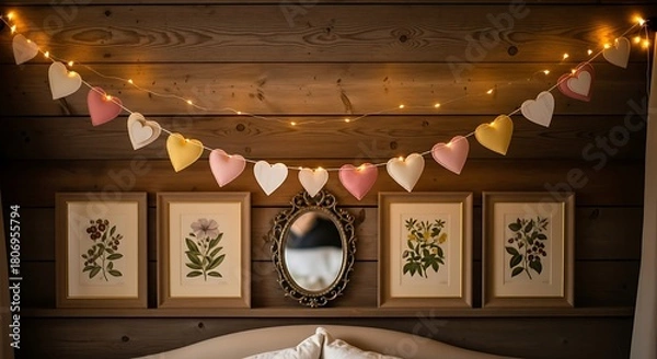 Fototapeta Cozy rustic bedroom decor featuring a heart garland string lights and botanical art above a bed