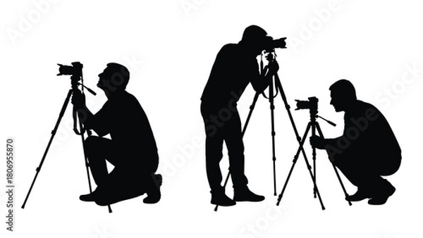 Fototapeta Photographer silhouettes with tripods isolated on white background, Vector