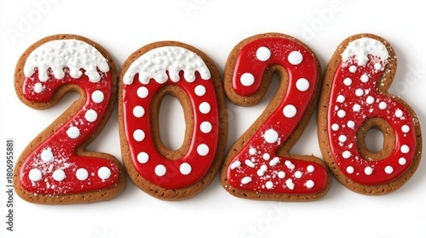 Obraz Gingerbread 2026 cookies with red icing and white sprinkles – festive Christmas baking and holiday treat concept