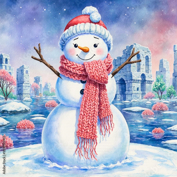 Fototapeta Charming snowman wearing a scarf and hat in a snowy winter landscape