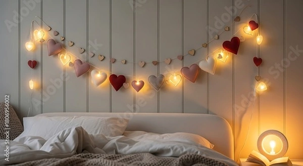 Fototapeta Cozy bedroom ambiance with heart shaped string lights and warm illumination creating a romantic atmosphere
