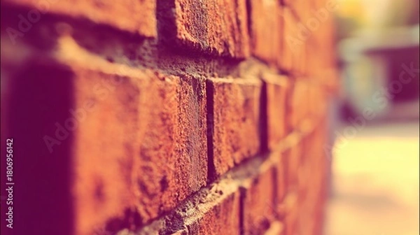 Fototapeta patina. Close-up of weathered red brick wall, warm tones and natural texture evoking rustic charm and history. real-estate listings.