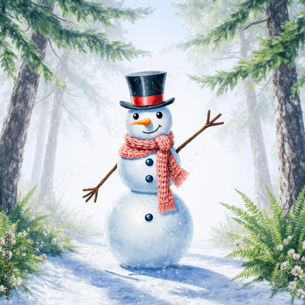 Fototapeta Friendly snowman wearing a top hat and scarf in a snowy forest