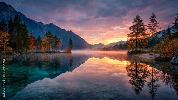 Obraz Stunning autumn sunrise over hintersee lake with misty reflections and colorful foliage, panoramic view of the bavarian alps near the austrian border, germany, europe, breathtaking natural landscape i