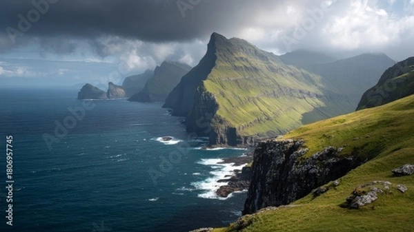 Obraz Stunning panoramic landscapes of the faroe islands in summer with dramatic cliffs, lush green valleys, rolling hills, and rugged coastal scenery under bright blue skies