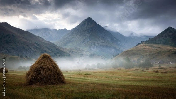 Fototapeta Misty mountain valley landscape with rolling fog drifting over grassy meadows and a traditional haystack in tranquil rural countryside