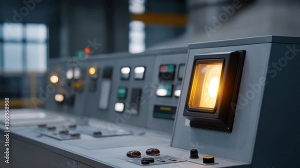 Obraz Close-Up of a Control Panel Showing Sparking Light in a Reactor Core Environment