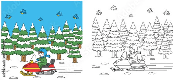 Fototapeta Coloring book page for kids with colored example and outline showing a happy boy riding a red snowmobile in a snowy winter forest with pine trees and birds vector illustration