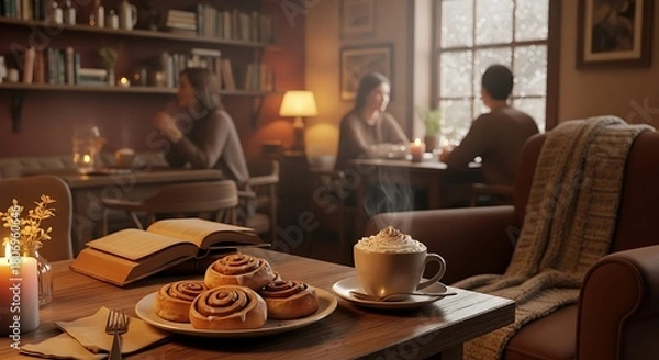 Fototapeta Cozy autumn evening scene featuring warm cinnamon rolls hot beverage and books by a window