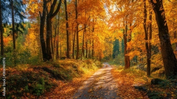 Fototapeta Autumn forest landscape with sunlit road covered in golden leaves, warm light illuminating vivid fall foliage along scenic footpath on a crisp october day