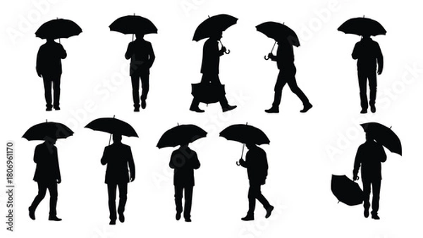 Fototapeta Men with umbrellas silhouettes isolated on white background, Vector