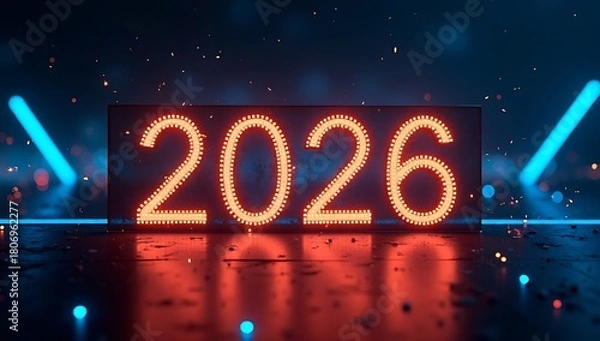 Obraz Happy New Year 2026 fiery orange neon text with glowing particles and dramatic light rays