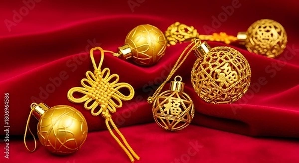 Fototapeta Intricate golden ornaments featuring traditional chinese knots and lanterns adorn a rich red fabric background