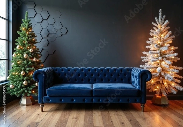 Fototapeta A navy velvet tufted sofa centered against a dark hexagonal wall, with a gold-decorated Christmas tree and snow-frosted lit tree.