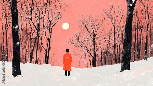 Fototapeta Man in red coat standing in snowy forest at sunset