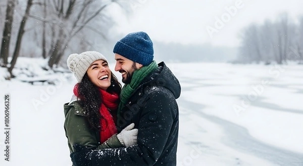 Fototapeta Joyful couple embraces warmly in a snowy winter landscape sharing laughter and affection