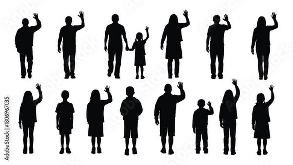 Fototapeta Diverse waving people silhouettes isolated on white background, Vector