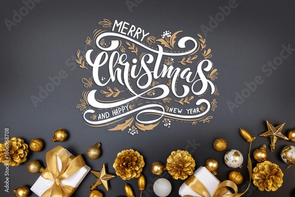 Fototapeta Merry Christmas and Happy New Year greeting card, frame, and banner. Holidays design. Noel and Feliz Navidad. Christmas gifts and decorations, top view. Flat lay.