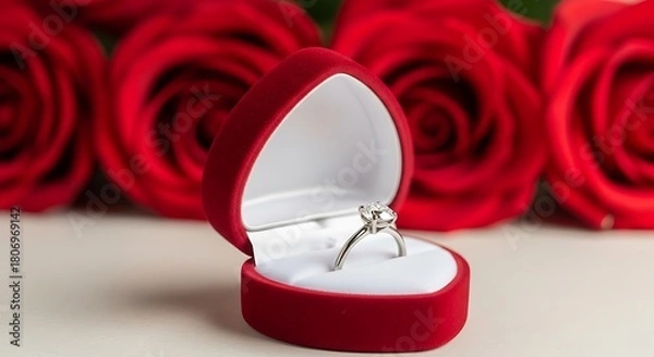 Fototapeta A sparkling diamond engagement ring rests inside a velvet heart shaped box with vibrant red roses in the background