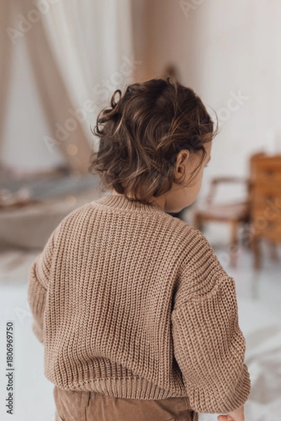 Fototapeta Little child with curly hair in a brown sweater. Back view