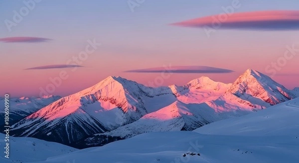 Fototapeta Majestic snow capped mountain peaks bathed in the warm soft glow of a vibrant sunset sky