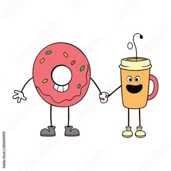 Fototapeta A playful cartoon scene with a cheerful coffee cup and a smiling donut, sharing laughs, bright colors, and whimsical expressions that spark joy and sweetness everywhere.
