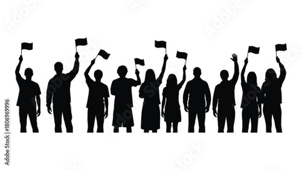 Fototapeta Crowd silhouettes waving flags isolated on white background, Vector