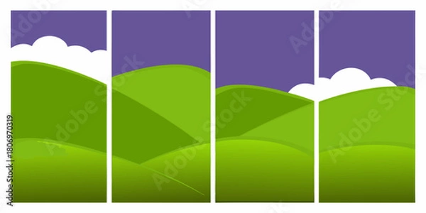 Obraz Stylized landscape with green hills and purple sky in four panels