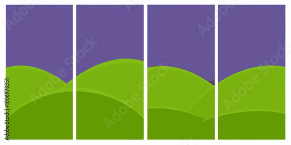 Obraz Abstract green hills landscape with purple sky in four vertical panels