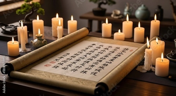 Fototapeta Ancient scroll with calligraphy illuminated by numerous flickering candles on a wooden table evoking tradition and mystery