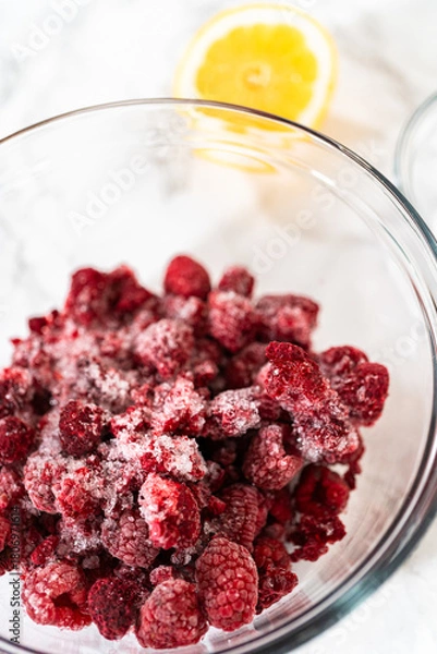 Fototapeta Raspberry Cake Filling-Measured Ingredients Await on Counter