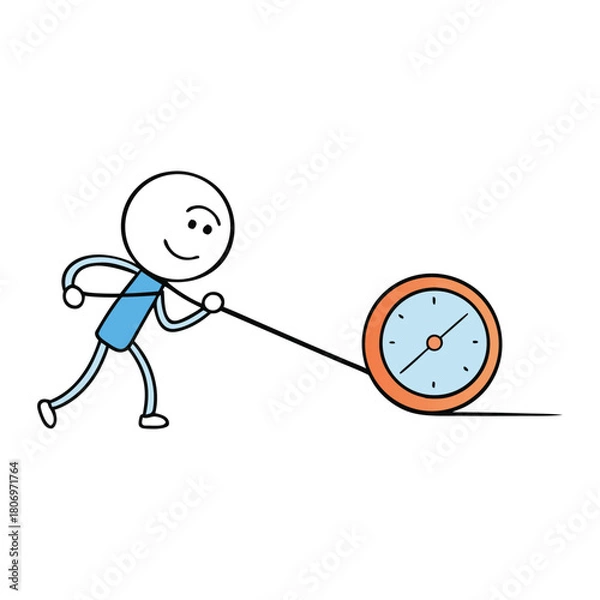 Fototapeta A stickman strains to pull back time, gripping a giant clock hand with determination. Lines of motion swirl around him as he fights to reverse the ticking flow of moments.

