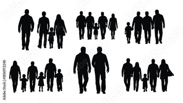 Fototapeta Diverse family and group silhouettes walking isolated on white background, Vector
