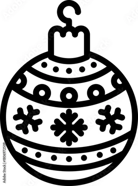 Fototapeta Outline icon of a Christmas bauble with snowflake patterns and hanging loop.