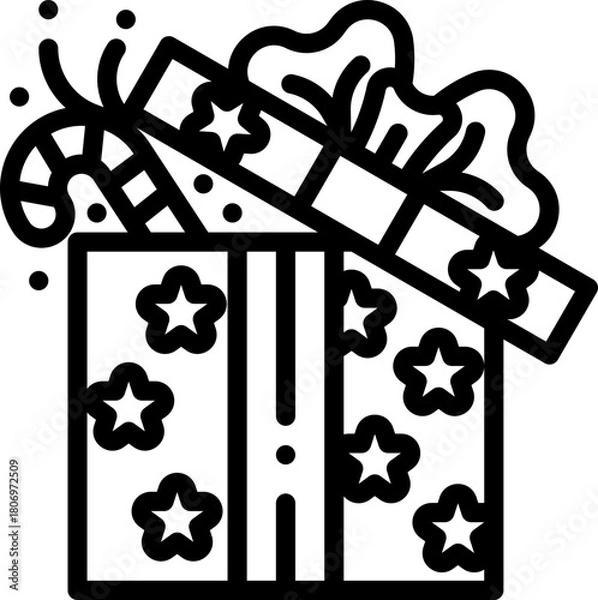 Fototapeta Outline icon of an open Christmas gift box with stars, ribbon and candy cane.