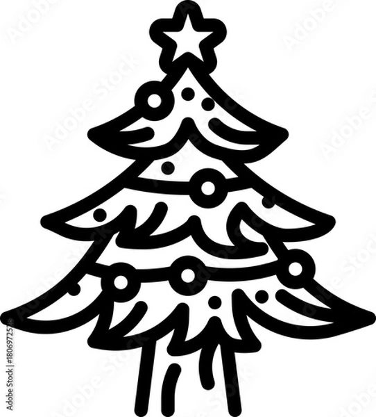 Fototapeta Outline icon of a decorated Christmas tree with ornaments and star on top.
