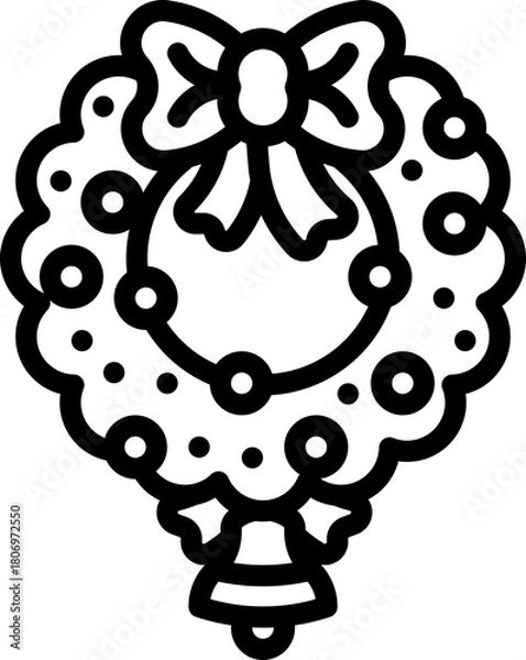 Fototapeta Outline icon of a decorative Christmas wreath with bow and ornaments.