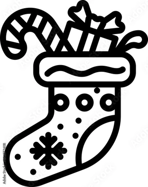 Fototapeta Outline icon of a Christmas stocking filled with gifts and candy cane.