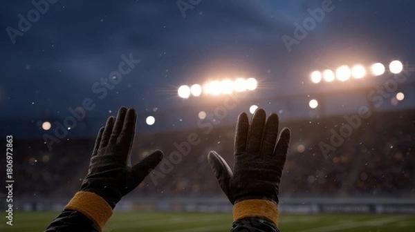 Obraz Close-Up of Gloved Hands Raised Above Crowd at Sports Event Under Dramatic Stadium Lights