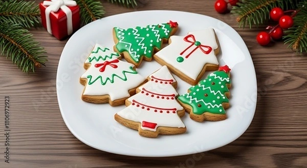 Fototapeta Festive christmas tree and star shaped cookies decorated with icing on a white plate surrounded by garland