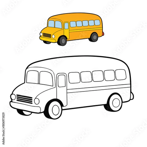 Fototapeta “A cheerful yellow school bus coloring page featuring an empty bus with simple outlines, clear windows, big wheels, and bold details—perfect for kids to color creatively.”