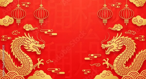 Fototapeta Chinese new year background with golden dragons, lanterns, and clouds on a vibrant red backdrop