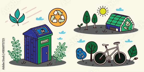 Fototapeta Vector illustration set of boat and abstract background with flowers, symbols, and nature icons for eco travel design