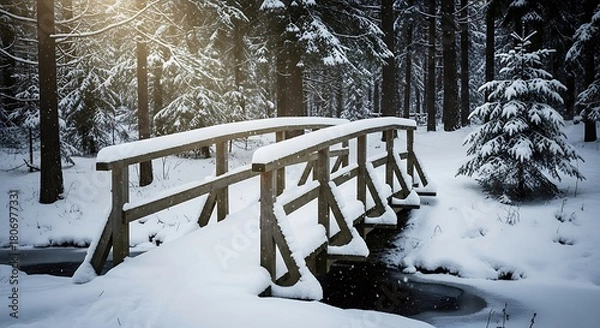 Fototapeta A charming wooden bridge covered in fresh snow nestled within a serene winter forest scene
