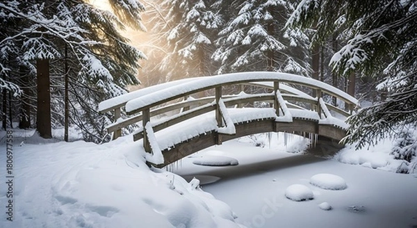 Fototapeta A picturesque snow covered wooden bridge arches gracefully over a frozen stream in a serene winter forest bathed in soft sunlight