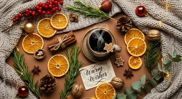 Obraz Warm cozy Christmas flat-lay with dried oranges, cinnamon sticks, greenery, ornaments, pinecones, and holiday greeting card on wooden background.
