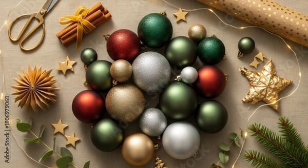 Obraz Stylish Christmas arrangement with gold, silver, and muted green baubles on a beige background, creating an elegant holiday theme.